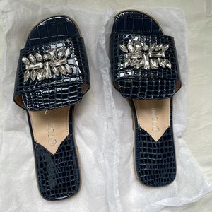 Navy faux snake leather flat sandals, size 9